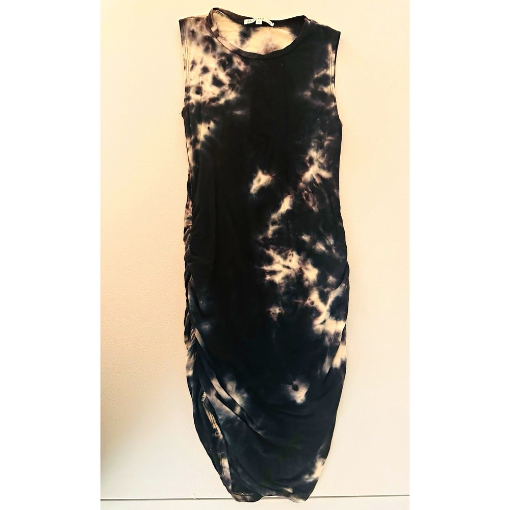 ANTISTAR Women's XS Black/White Tie Dye Round Neck Ruched Midi Bodycon Dress